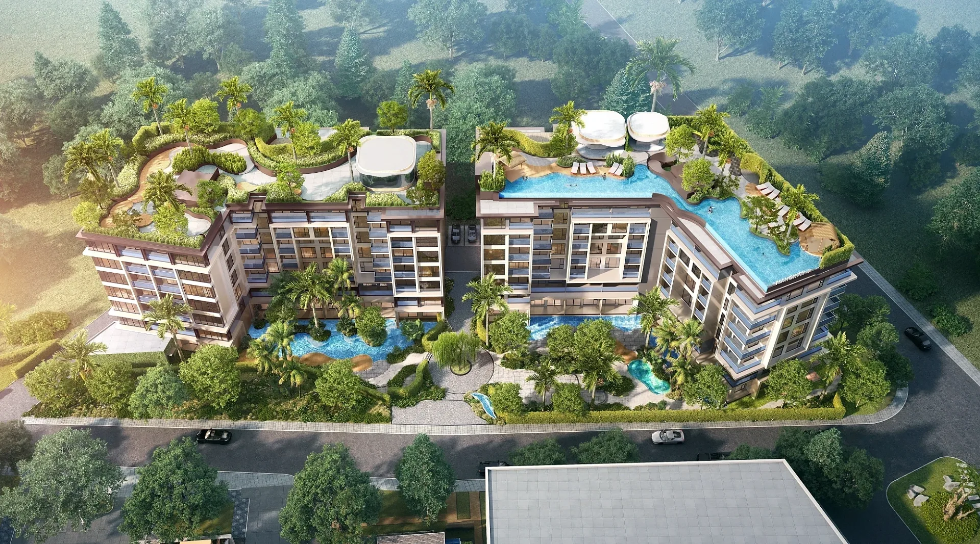 Вид сверху на бассейны и rooftop-зону между корпусами Sea Heaven, Най-Тон, Пхукет