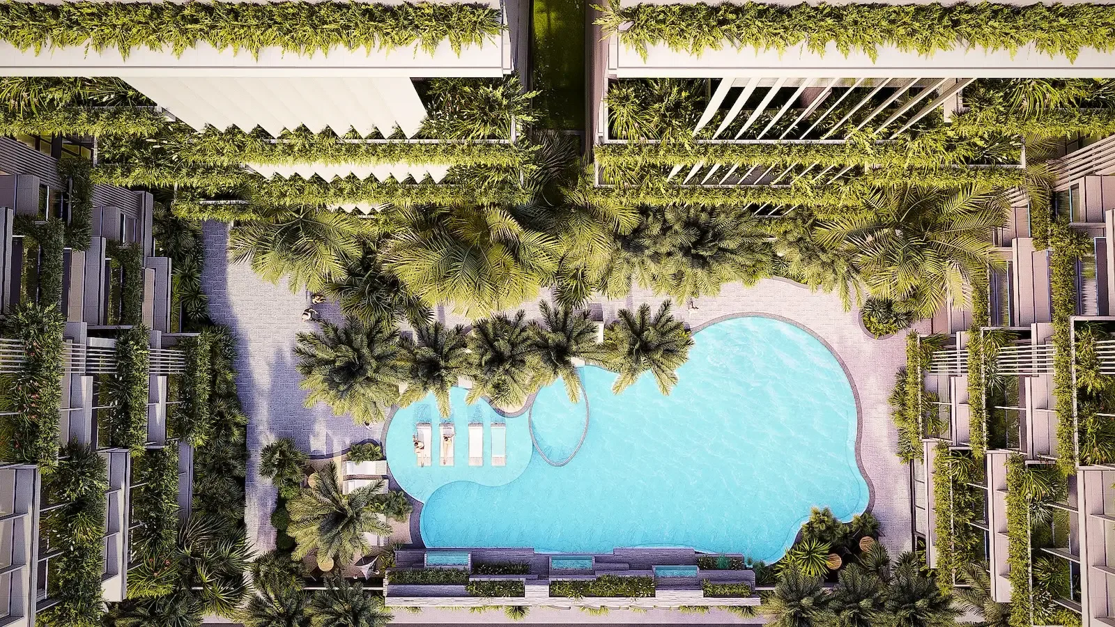Вид сверху на бассейн во внутреннем дворе ЖК Siam Oriental Oasis