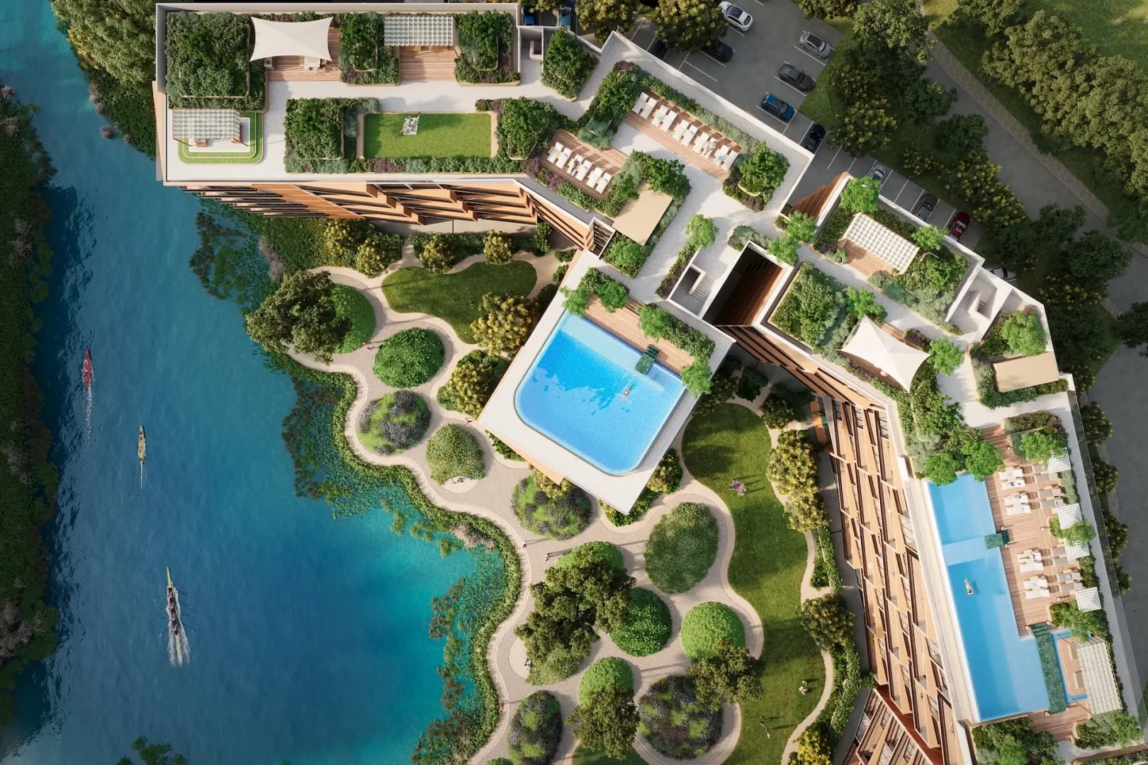 Вид сверху на кровельные бассейны и ландшафтные острова Skypark Elara, Банг-Тао, Пхукет
