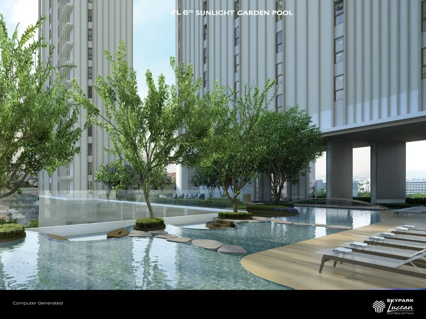 Бассейн в саду на 6 этаже между башнями ЖК Skypark Lucean