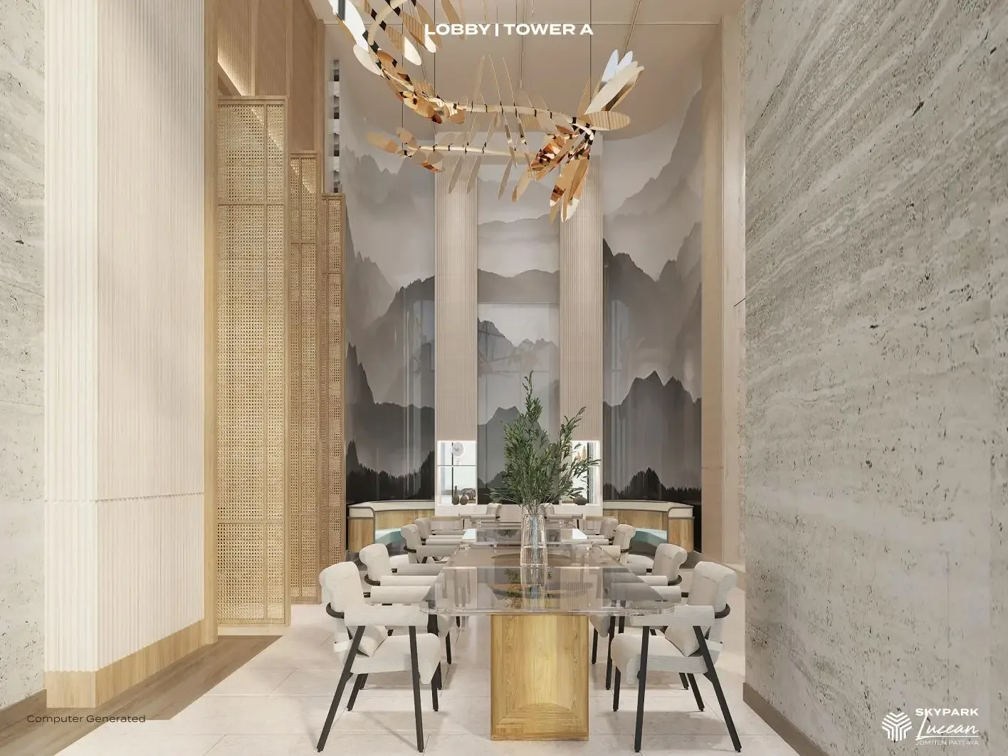 Лобби башни А с ресепшн и панно-горами, ЖК Skypark Lucean