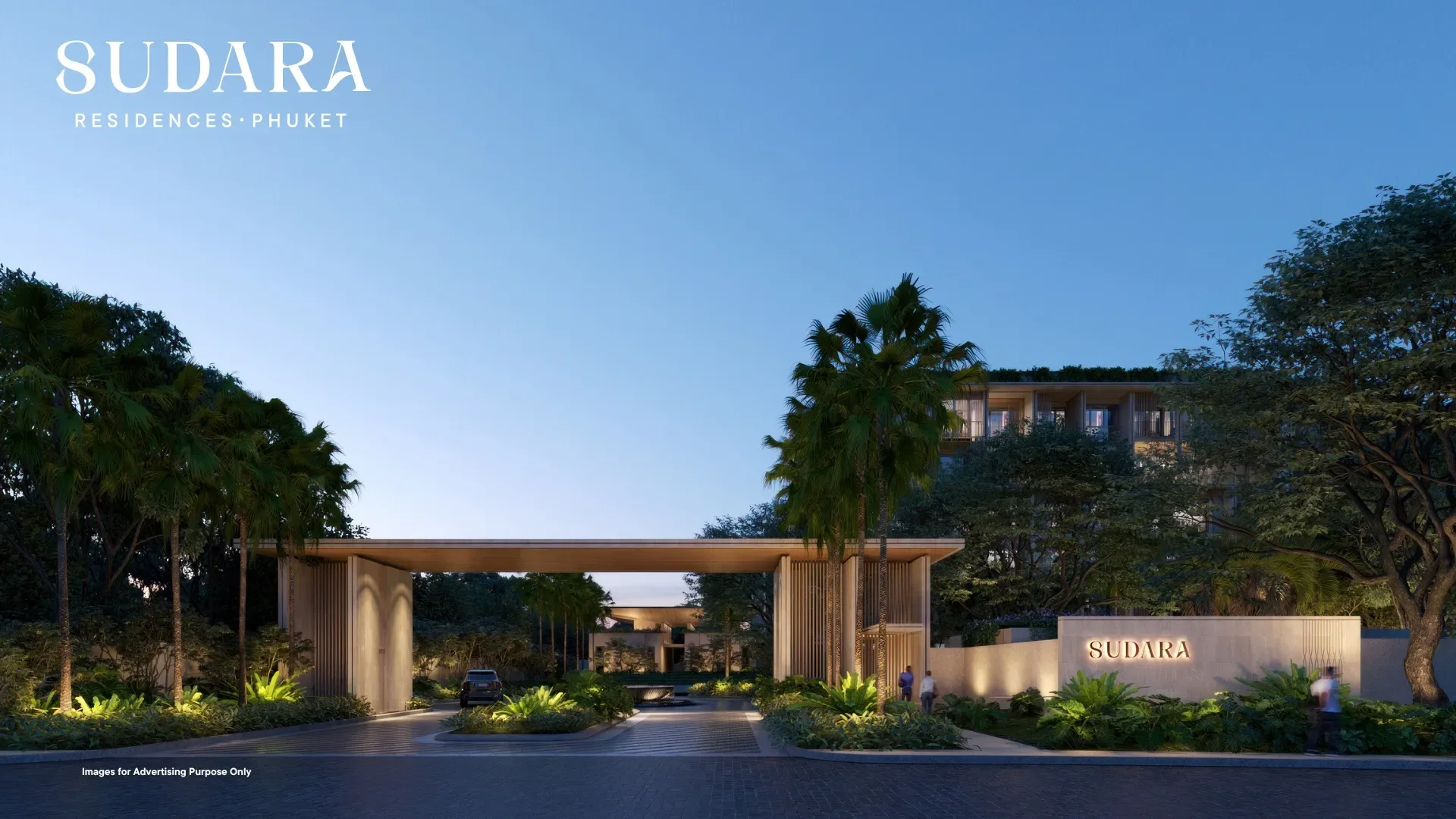 Въездная группа с подсветкой и вывеской Sudara на закате, Sudara Condominium, Банг-Тао, Пхукет