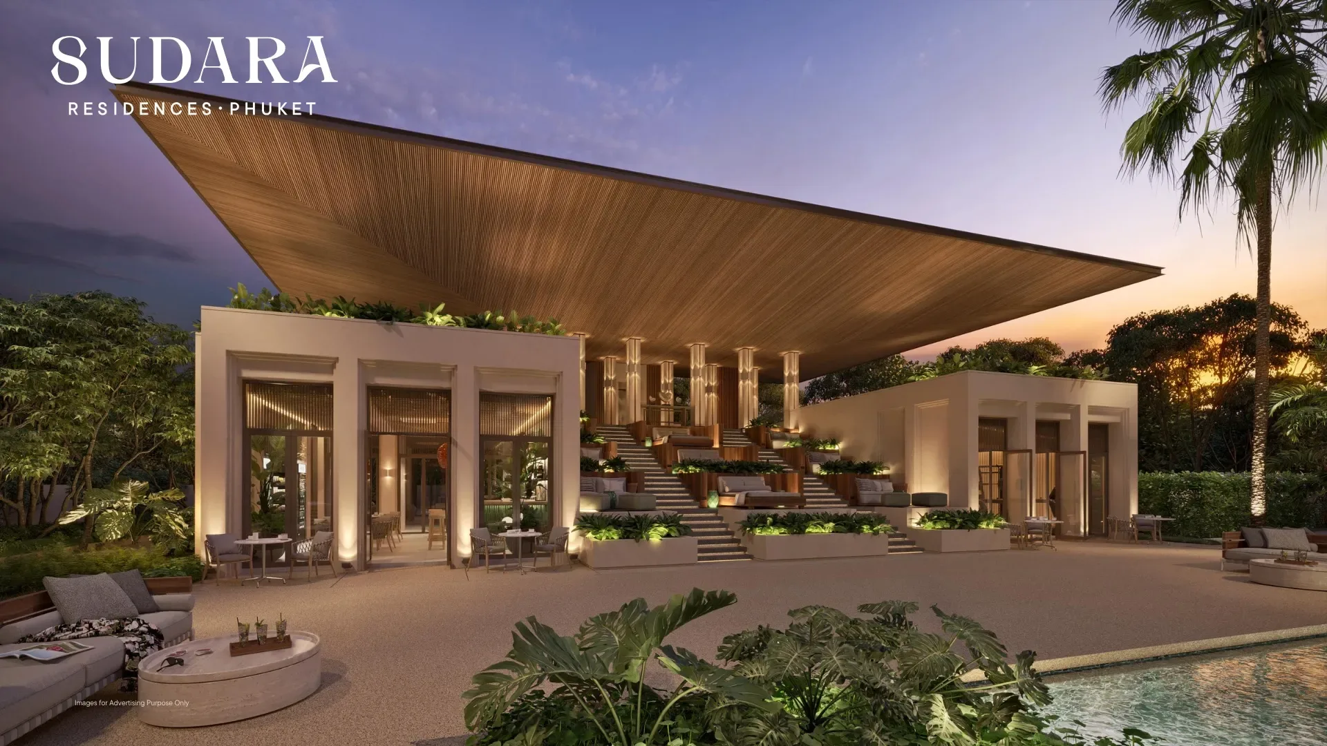 Павильон The Pavilion у бассейна в вечерней подсветке, Sudara Condominium, Банг-Тао, Пхукет