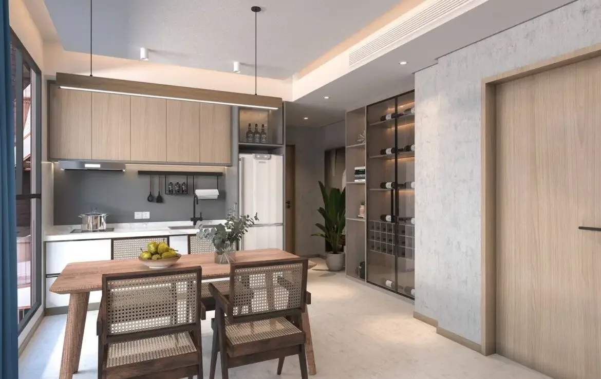 Кухня с обеденной зоной и встроенными шкафами в двухспальной квартире Sunshine Beach Resort, Банг-Тао