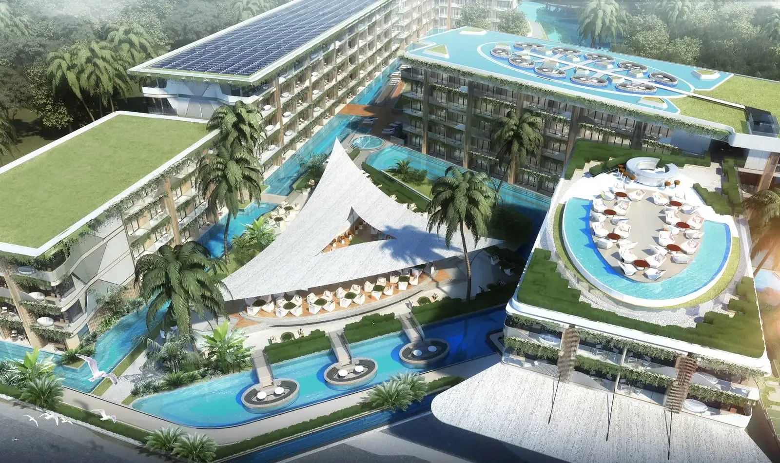 Вид сверху на бассейны, ресторан и террасы курорта Sunshine Beach Resort, Банг-Тао, Пхукет