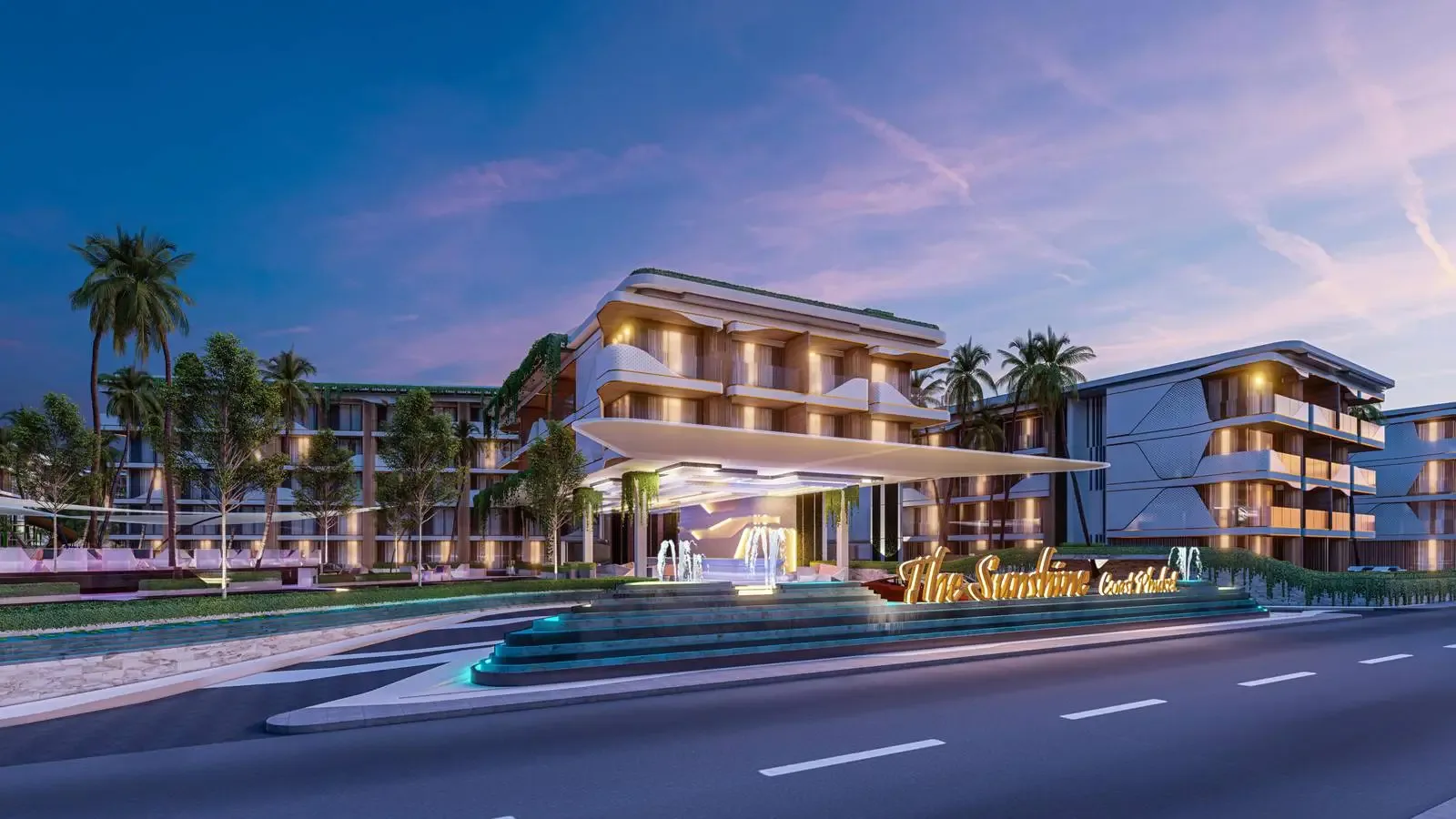 Главный въезд и вывеска кондоминиума Sunshine Beach Resort вечером, Банг-Тао, Пхукет