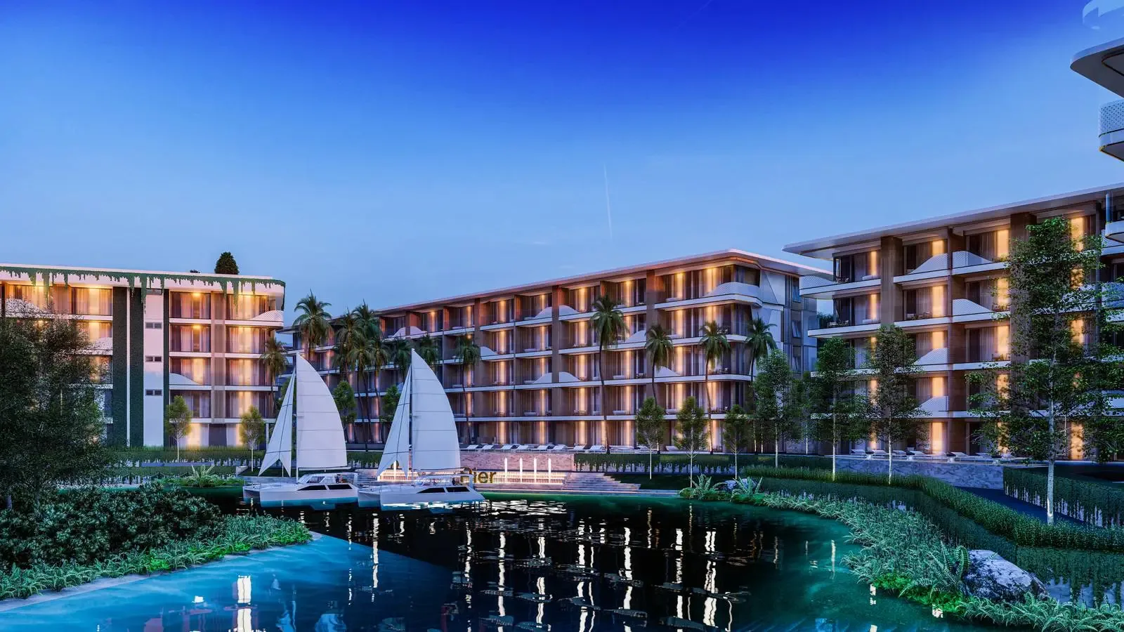 Лагуна с парусниками между жилыми корпусами Sunshine Beach Resort, Банг-Тао, Пхукет