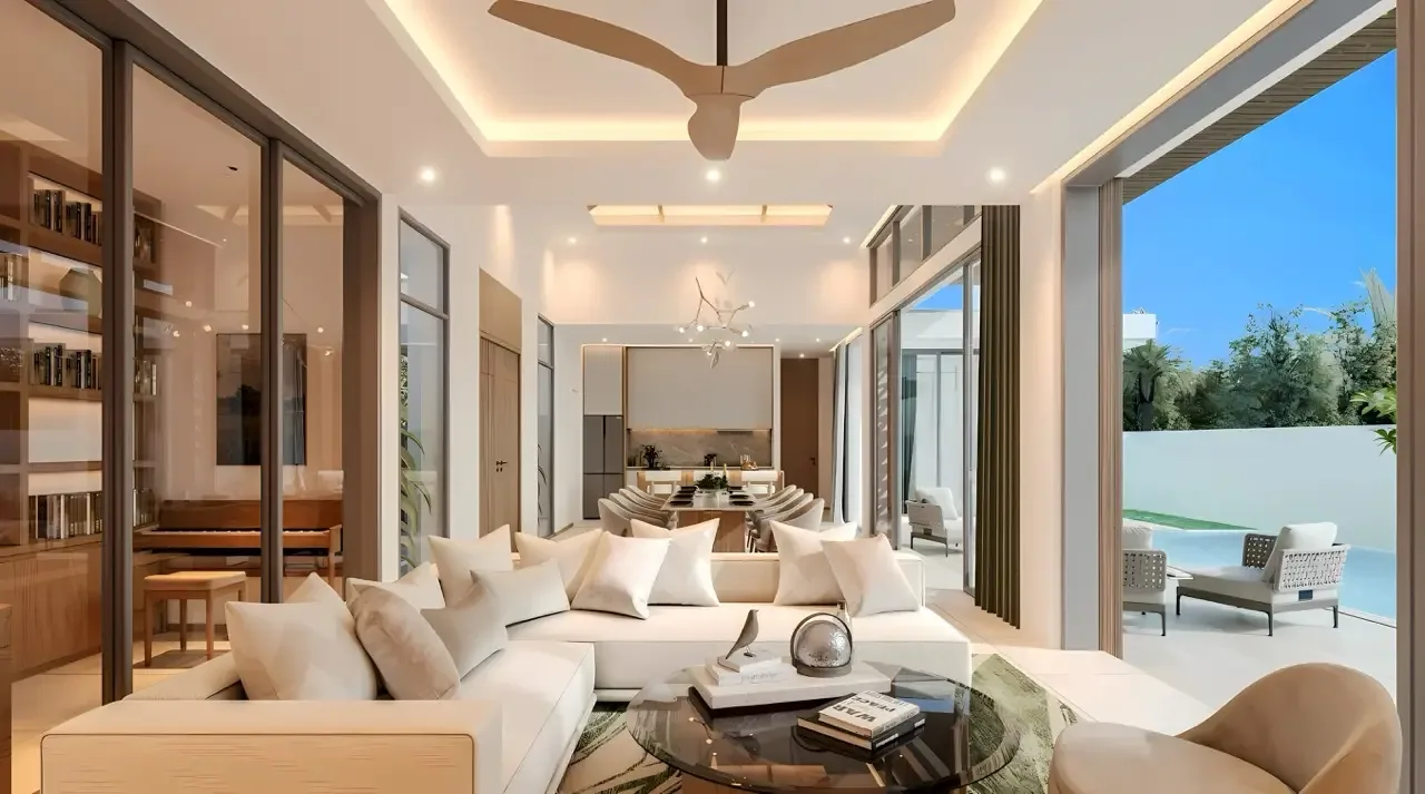 Гостиная с высоким потолком и выходом к бассейну, The Ozone Campus Villa, Таланг, Пхукет