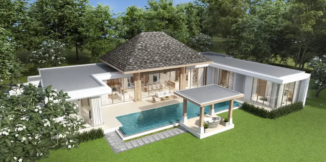 Вид сверху на виллу с бассейном и салой, The Ozone Campus Villa, Таланг, Пхукет