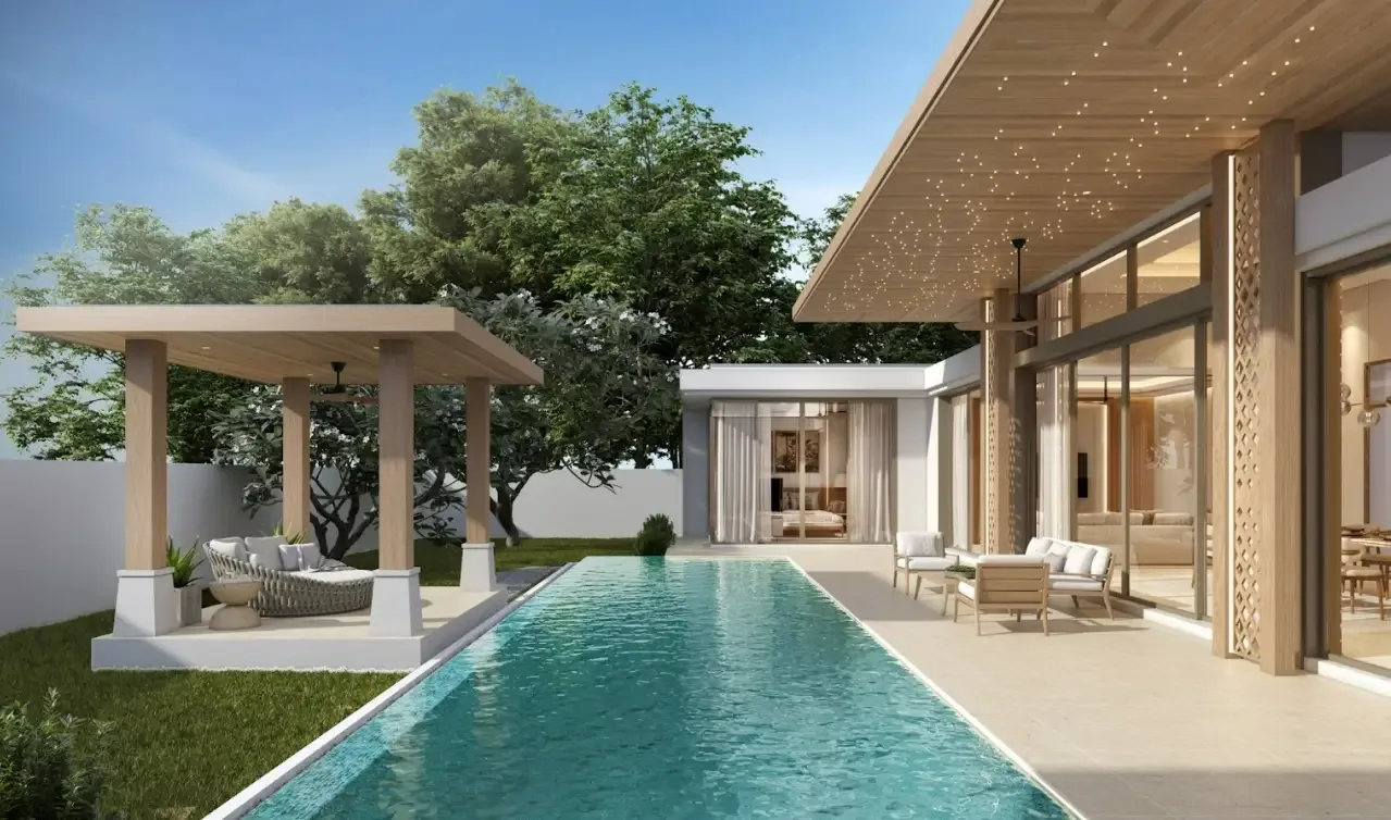 Бассейн вдоль террасы и беседка-сала, вилла The Ozone Campus Villa, Таланг, Пхукет