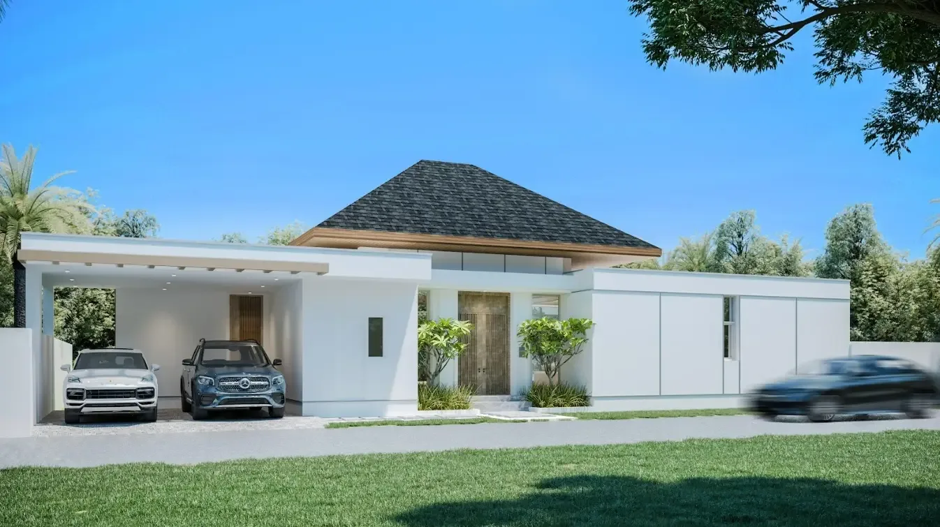 Въезд на участок и крытая парковка, вилла The Ozone Campus Villa, Таланг, Пхукет