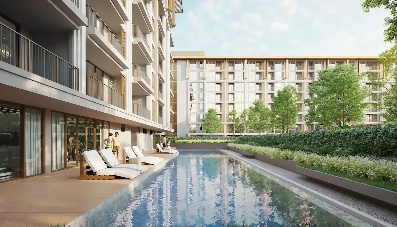 Бассейн с шезлонгами у первого этажа корпуса The Ozone Oasis Condo, Банг-Тао, Пхукет