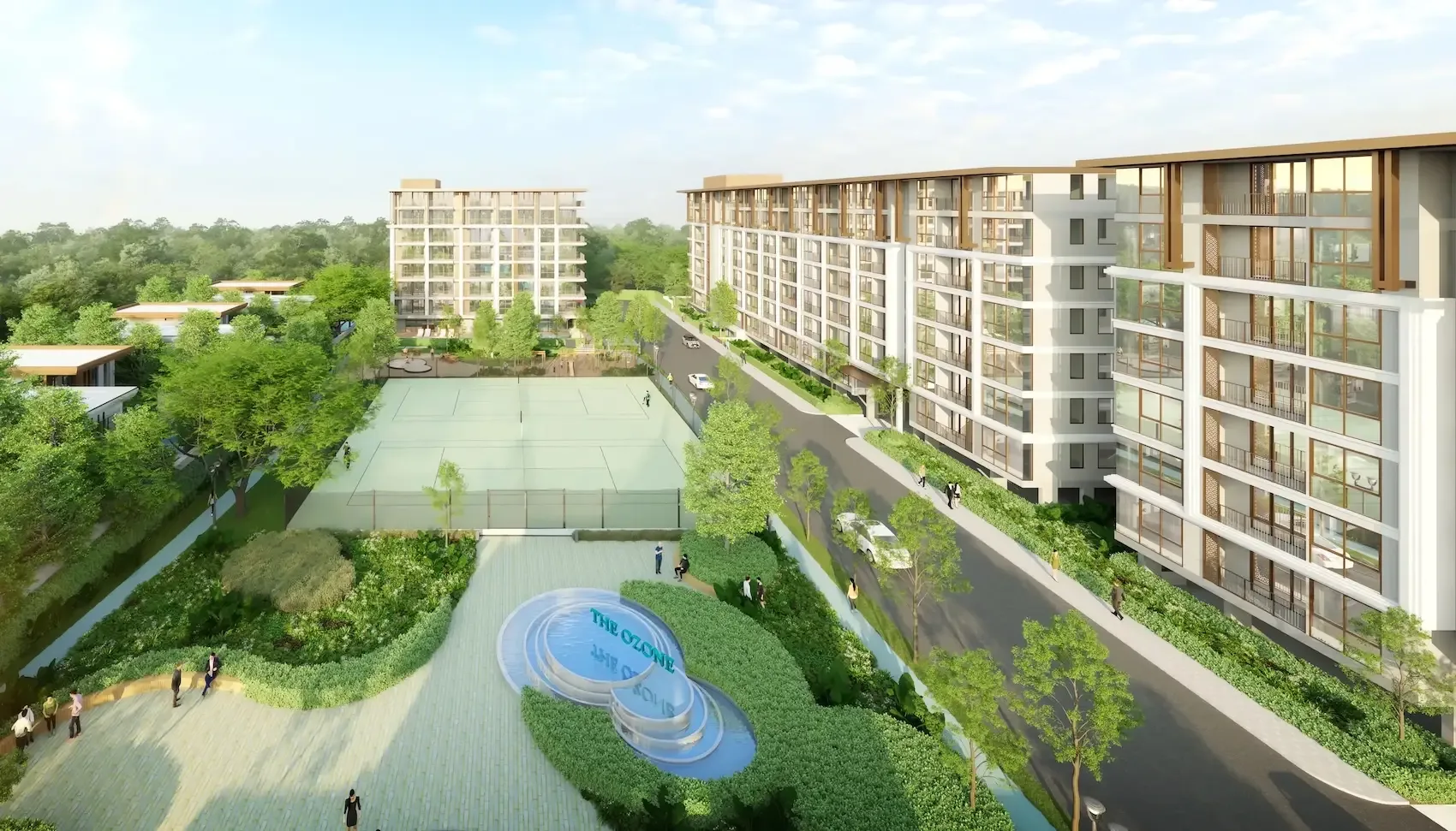 Ландшафтный бассейн и корт с высоты в The Ozone Oasis Condo, Банг-Тао, Пхукет