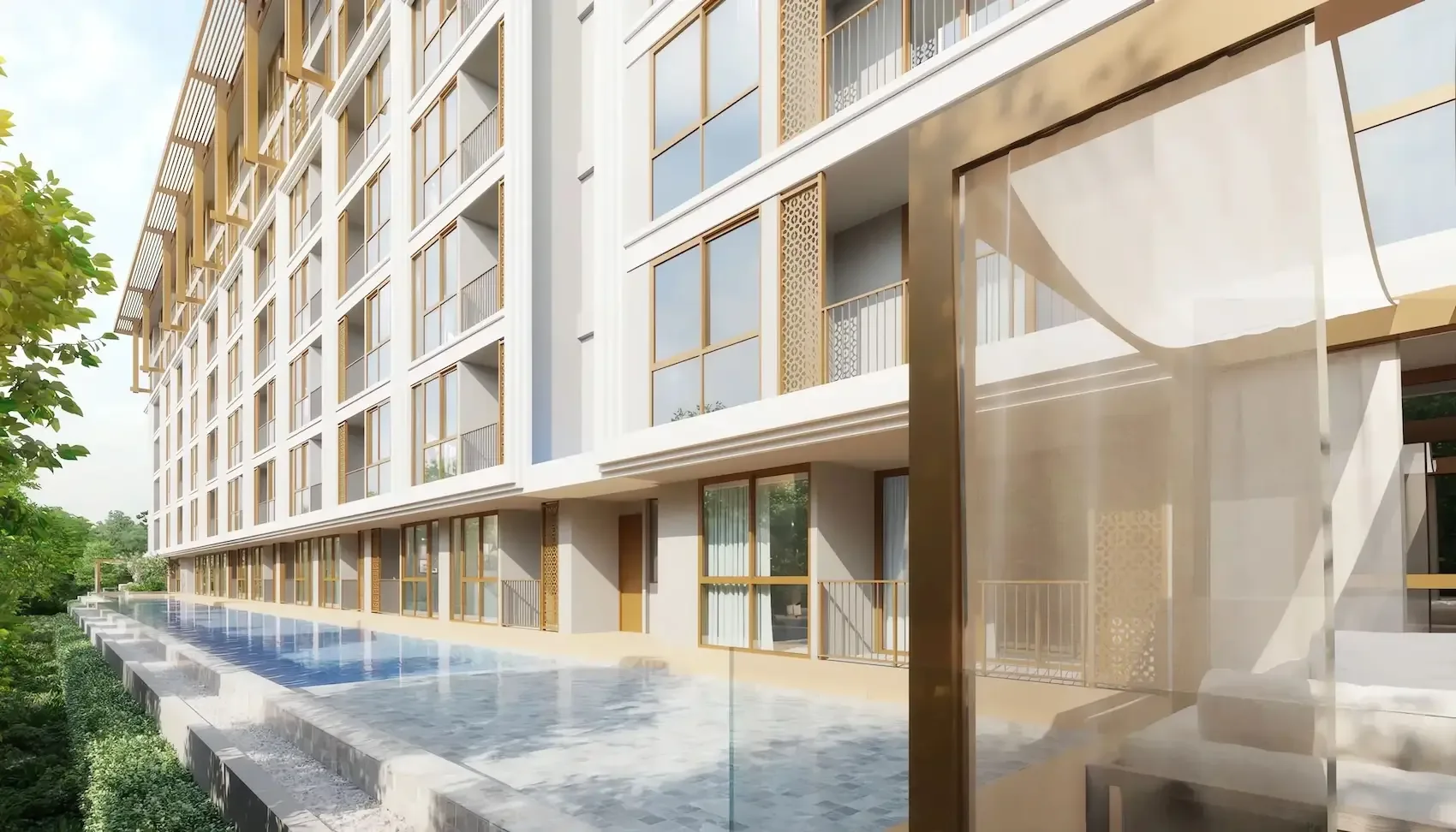 Фасад корпуса и бассейн вдоль террасы The Ozone Oasis Condo, Банг-Тао, Пхукет