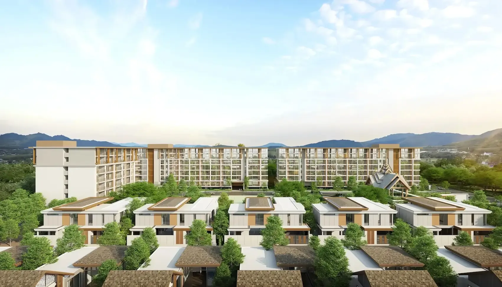 Панорама комплекса The Ozone Oasis Condo на фоне гор, Банг-Тао, Пхукет