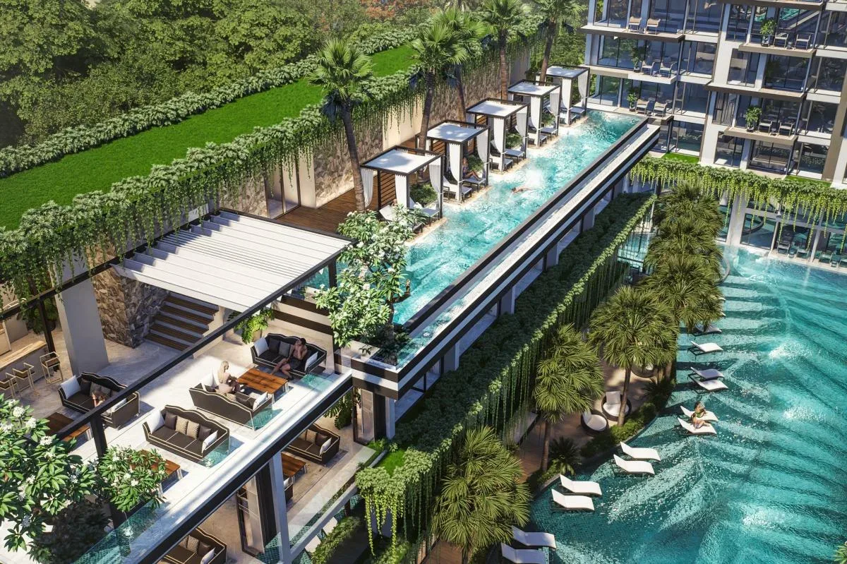 Бассейн на крыше с шезлонгами и кабанами, ЖК The Riviera Beverly Hills в Джомтьене