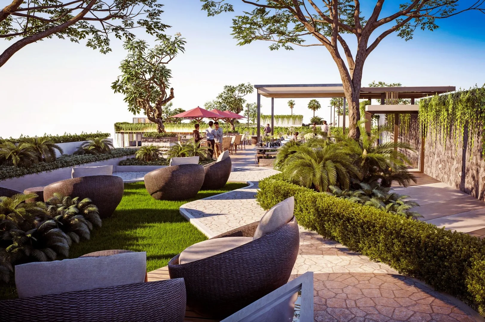 Ландшафтная зона отдыха с плетёной мебелью на территории ЖК The Riviera Beverly Hills