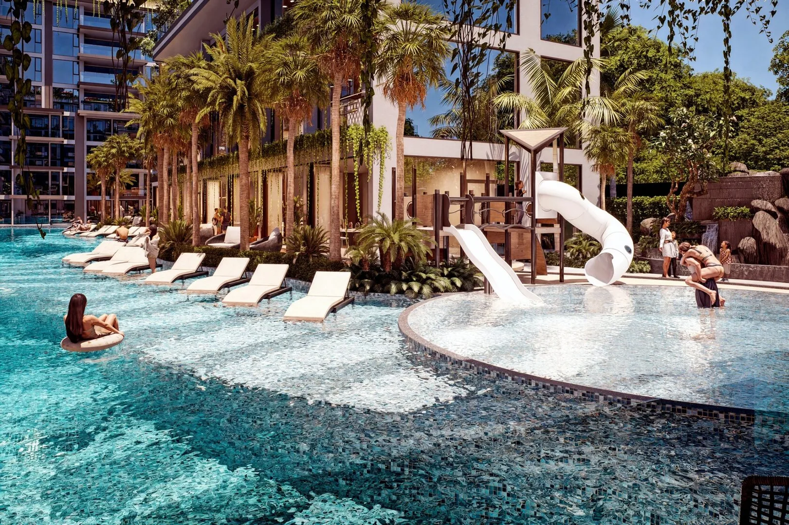Бассейн с детской горкой на территории ЖК The Riviera Beverly Hills в Джомтьене