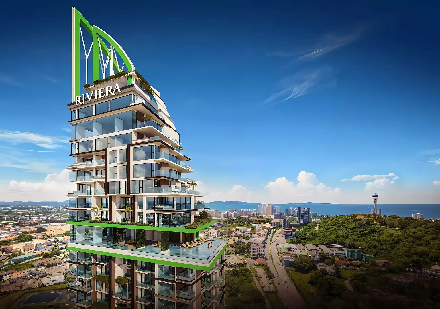 Фасад башни The Riviera California с бассейном на крыше, Паттайя