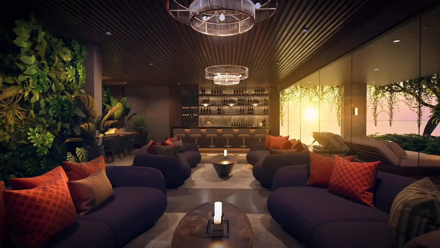 Лаунж-бар с мягкими диванами и видом на океан, ЖК The Riviera Palm Beach