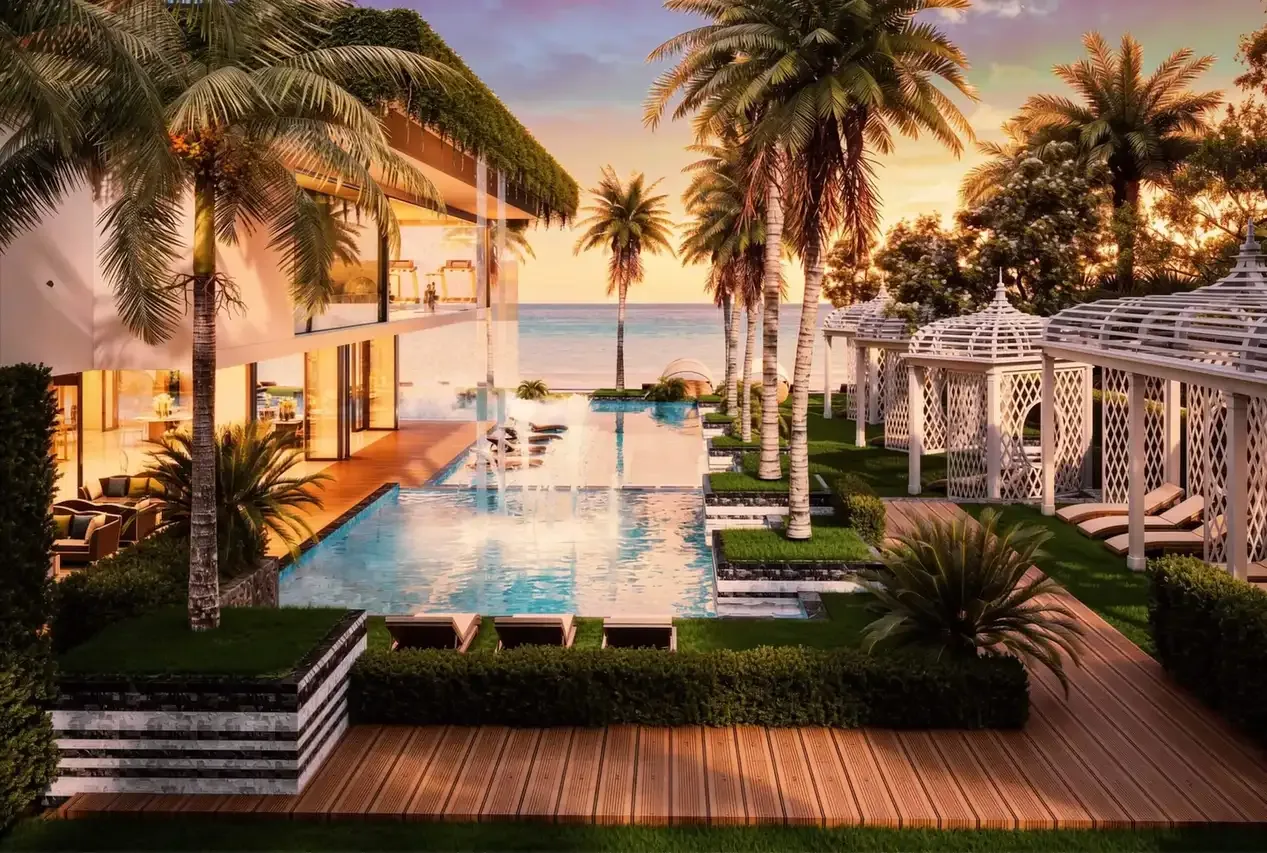 Бассейн у моря с беседками на закате, ЖК The Riviera Palm Beach