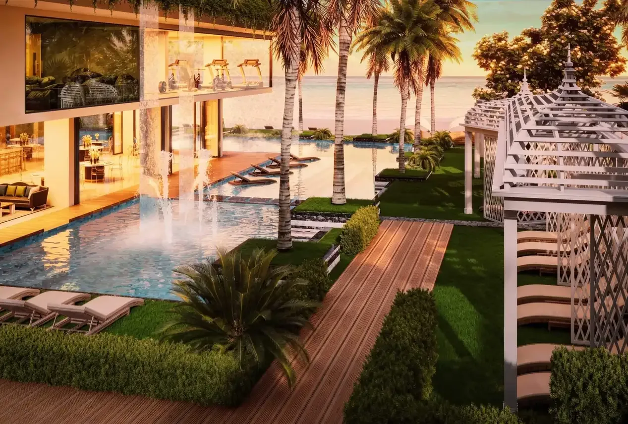 Бассейн с водными каскадами и тренажёрным залом на фоне, ЖК The Riviera Palm Beach