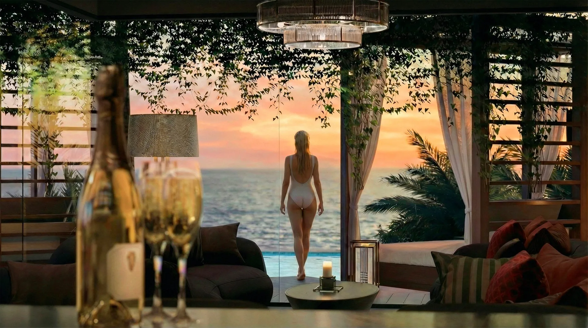 Вид на океан и бассейн из гостиной, ЖК The Riviera Palm Beach