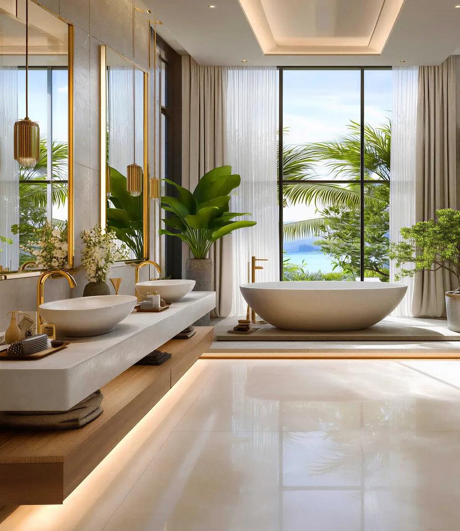Ванная комната с двойной раковиной и видом на море, ЖК The Riviera Palm Beach