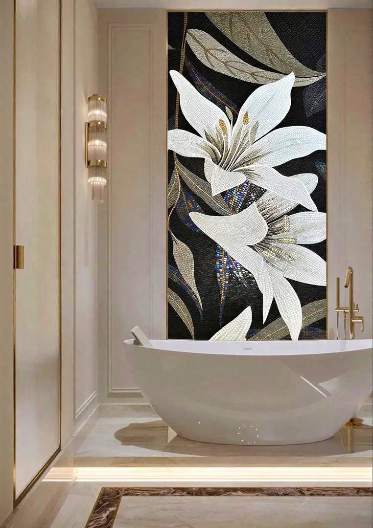 Ванная комната с мозаичным панно и отдельно стоящей ванной, ЖК The Riviera Palm Beach