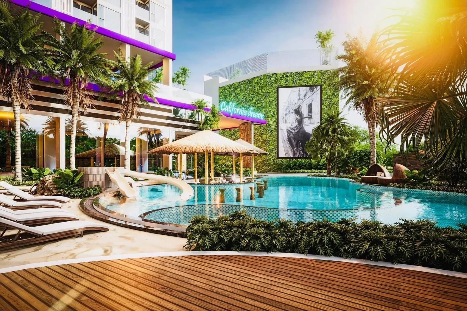 Бассейн с горкой и барной зоной на территории The Riviera Santa Monica