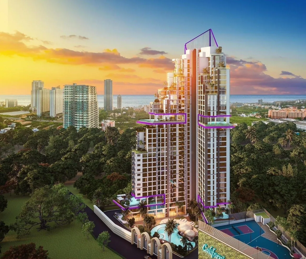 Общий вид жилого комплекса The Riviera Santa Monica со спортивной площадкой, Джомтьен