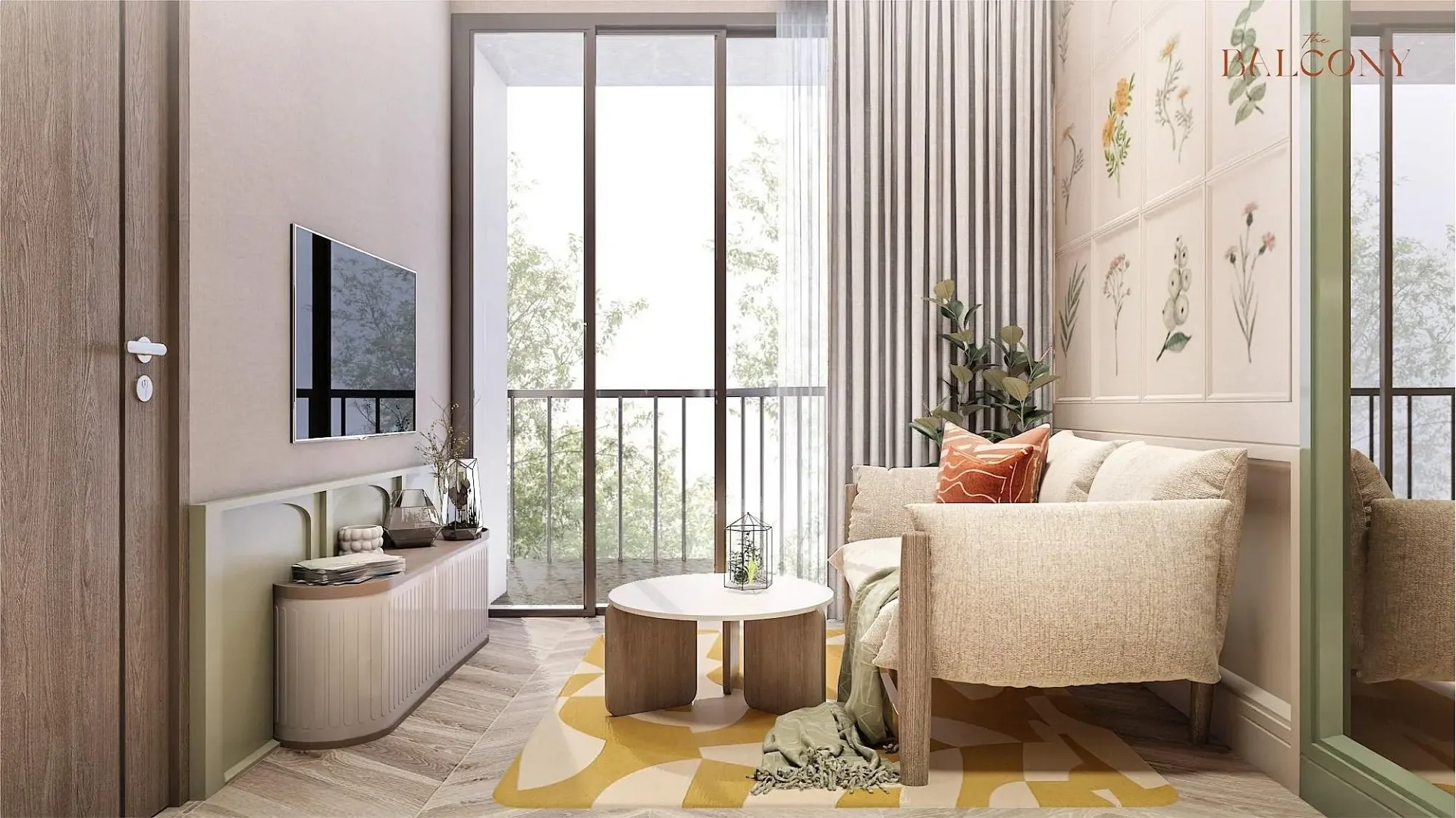 Гостиная с диваном и выходом на балкон в квартире The Title Balcony, Най-Янг, Пхукет