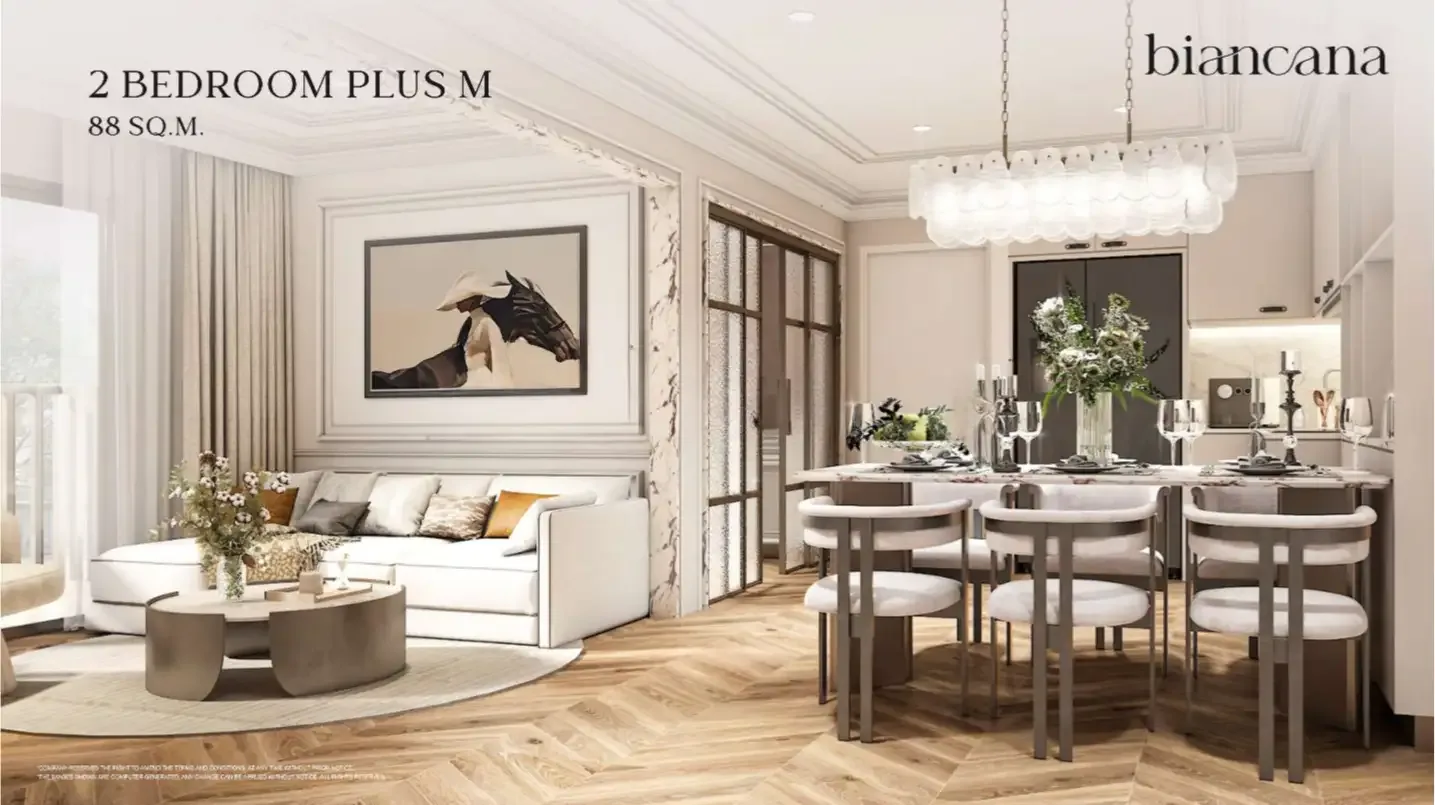 Гостиная и обеденная зона квартиры 2 Bedroom Plus в The Title Biancana, Сурин, Пхукет