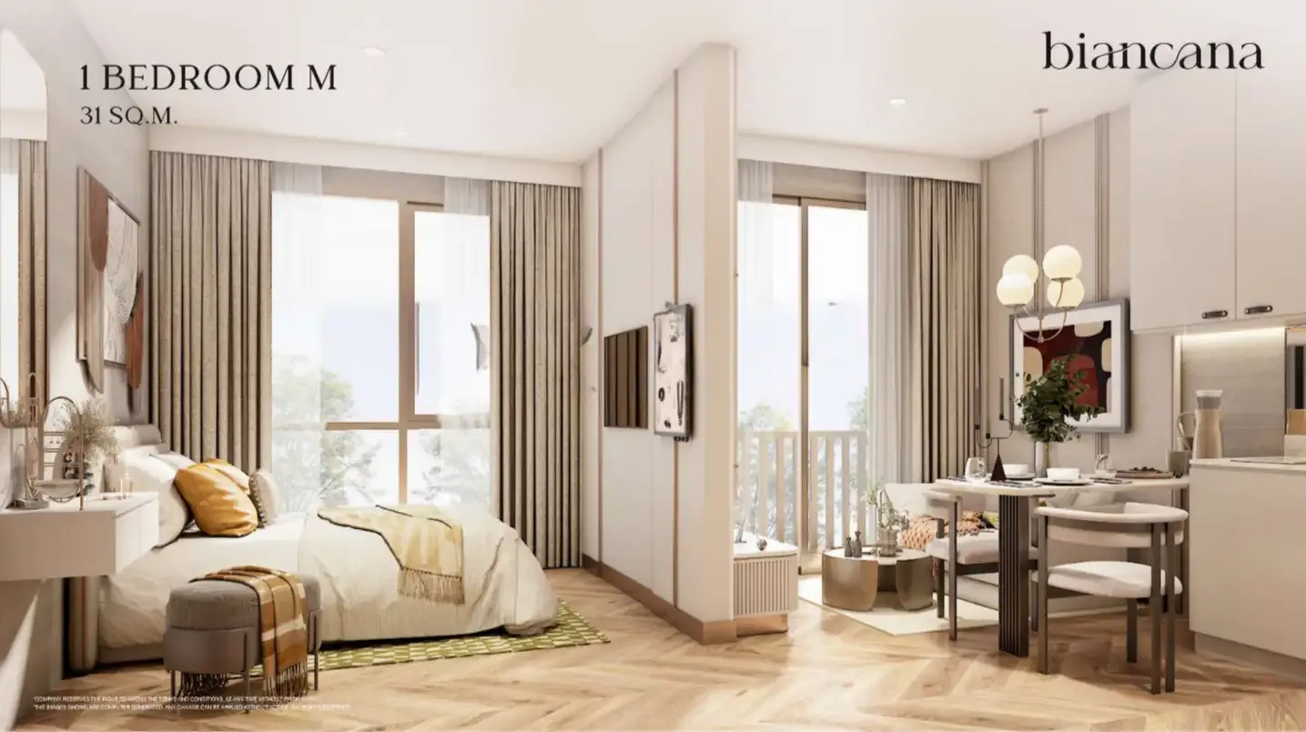 Спальня и кухонная зона компактной квартиры 31 м² в The Title Biancana, Сурин, Пхукет