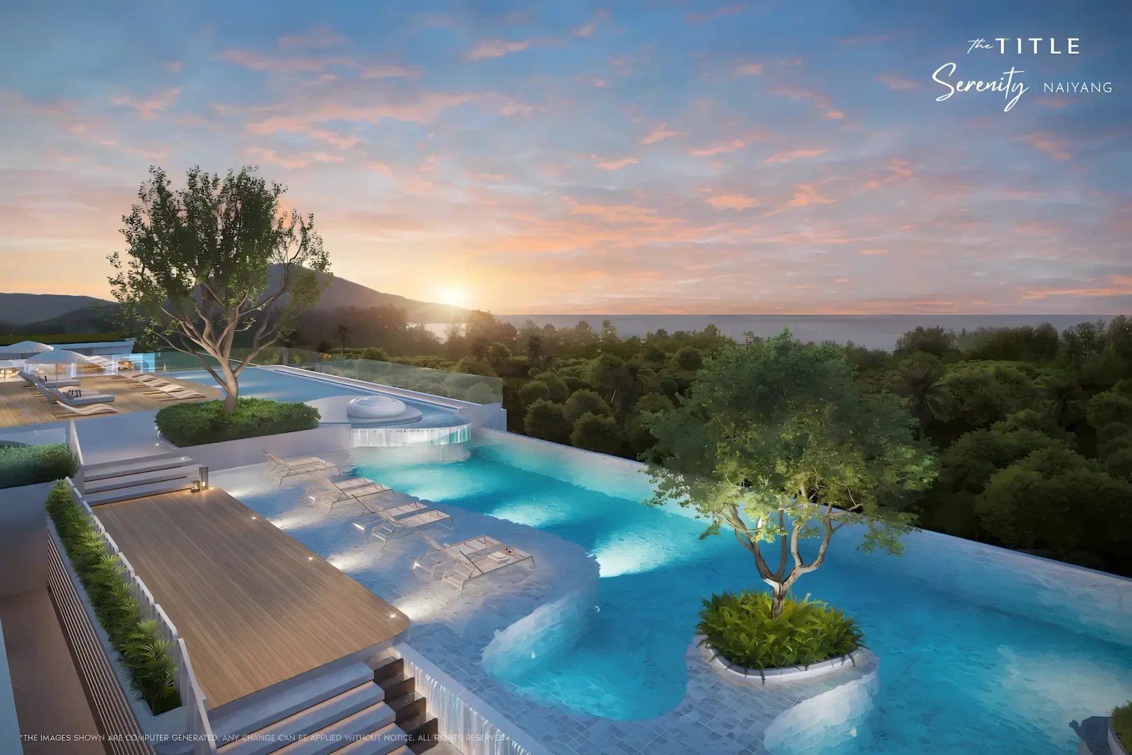 Sky Pool на крыше паркинга с видом на закат в The Title Serenity, Най-Янг, Пхукет
