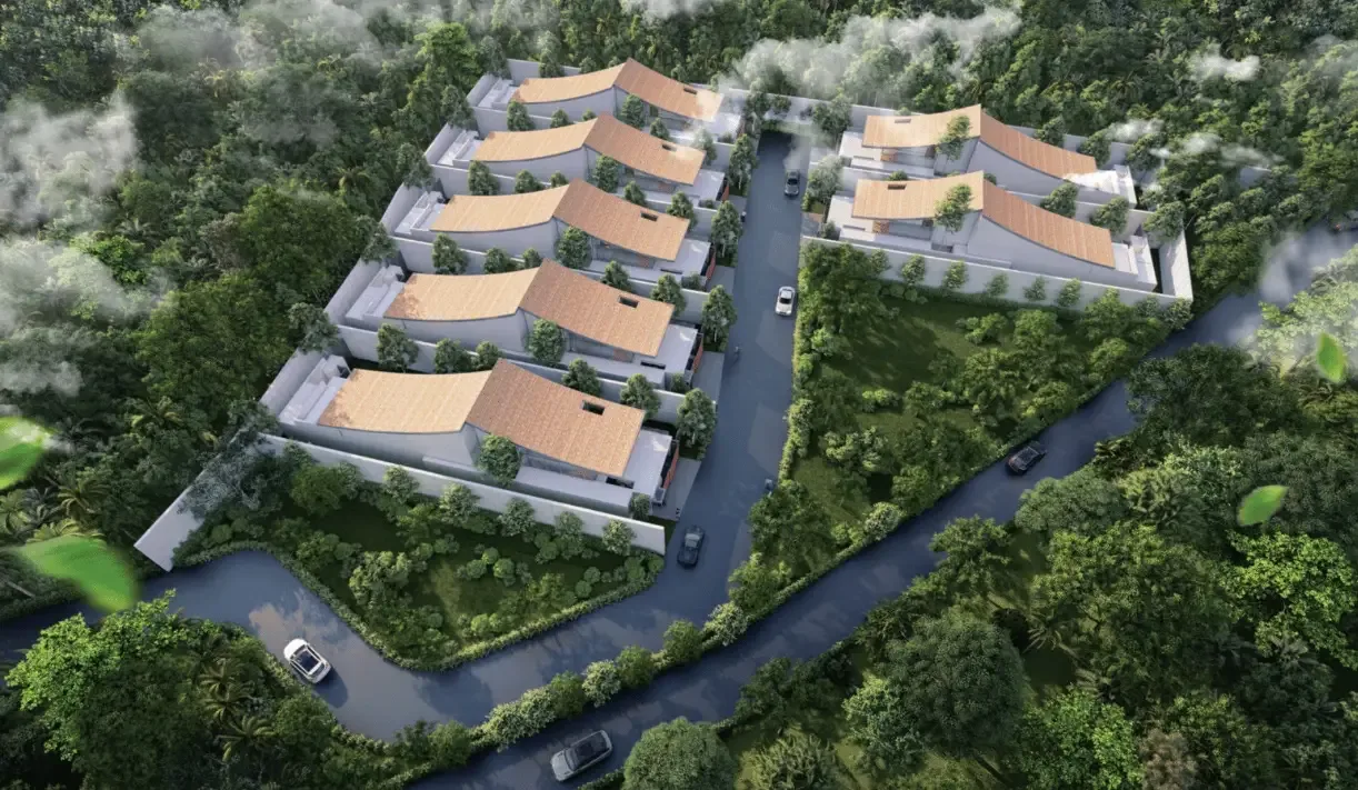 Рендер посёлка с высоты: виллы с оранжевыми крышами среди зелени, The Trinity Village, Банг-Тао, Пхукет
