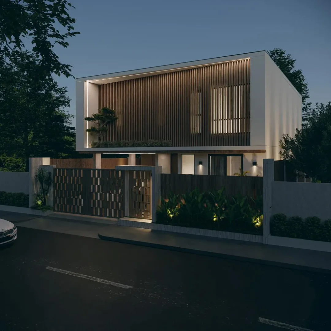 Въездные ворота и подсветка фасада виллы Villa Solara ночью, Джомтьен, Паттайя