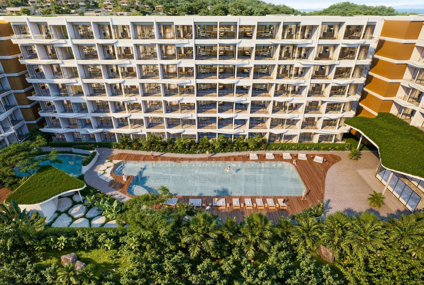 Внутренний двор с бассейнами и садом с высоты, Wallaya Residence Nai Harn, Раваи, Пхукет
