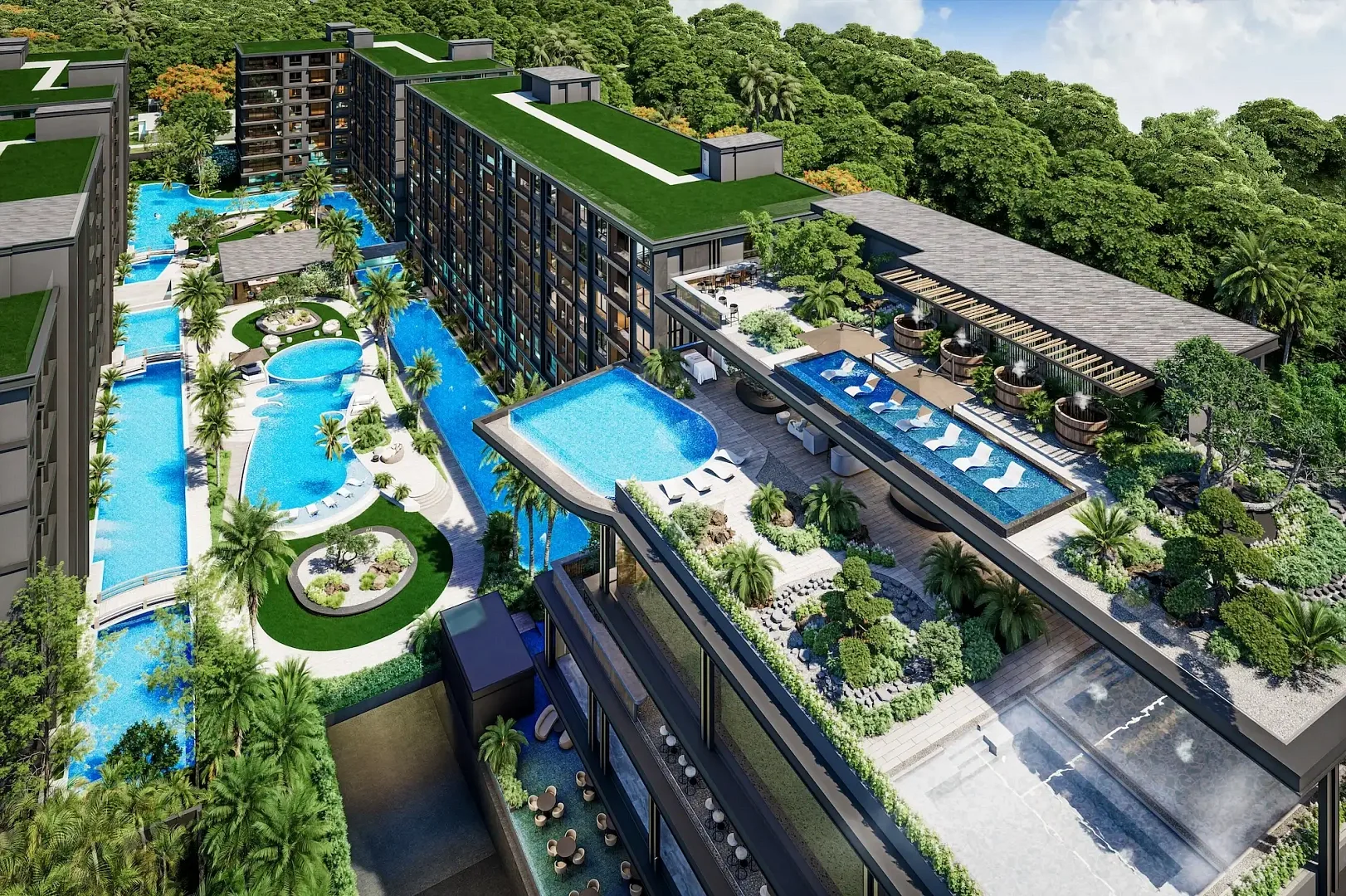 Вид сверху на бассейны, зелёные крыши и территорию ЖК Zenith Pattaya II, Таппрая