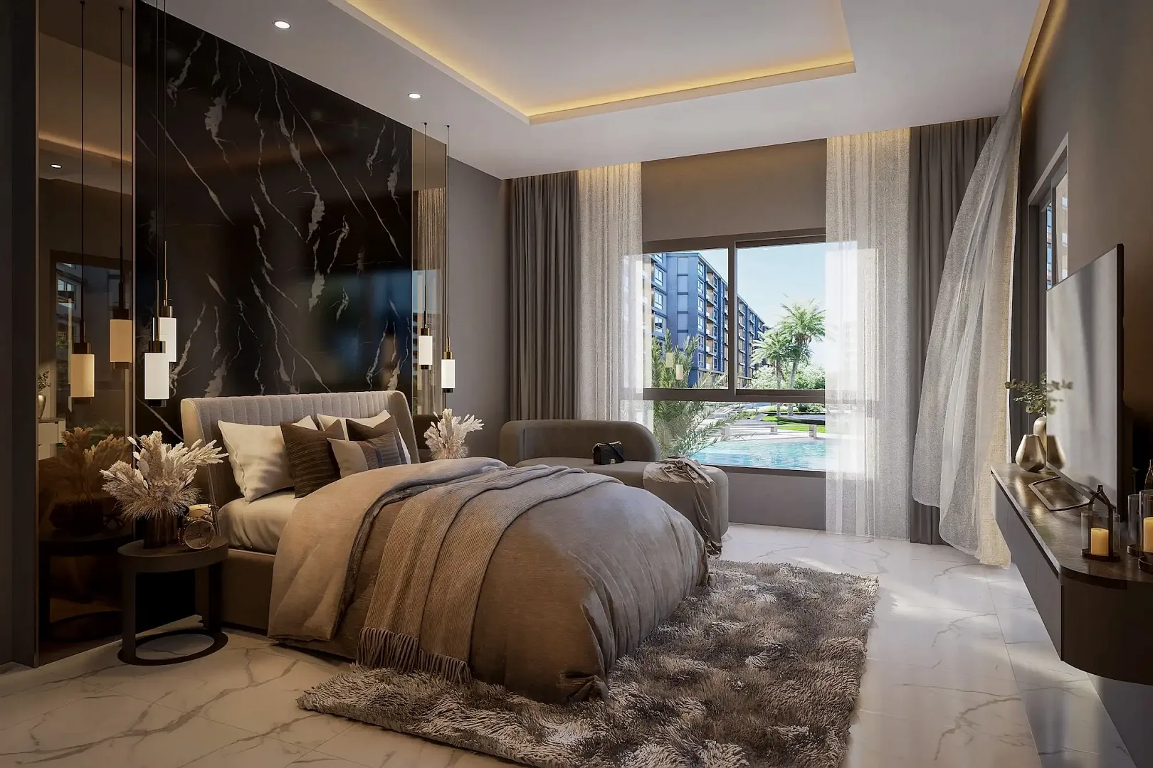 Спальня с мраморной стеной и видом на бассейн через панорамное окно, ЖК Zenith Pattaya II
