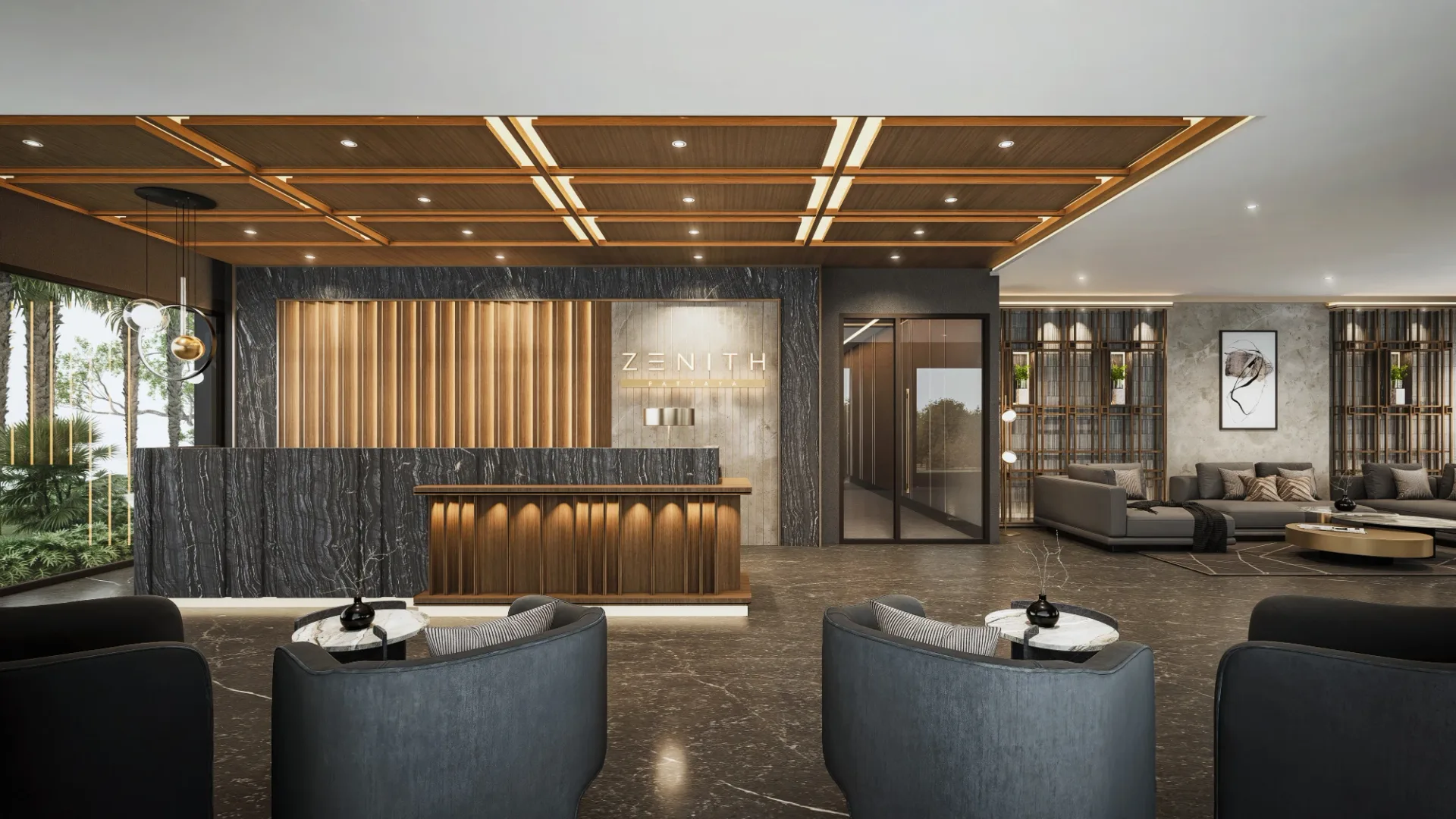 Лобби с ресепшн и вывеской Zenith в ЖК Zenith Pattaya, Пратумнак